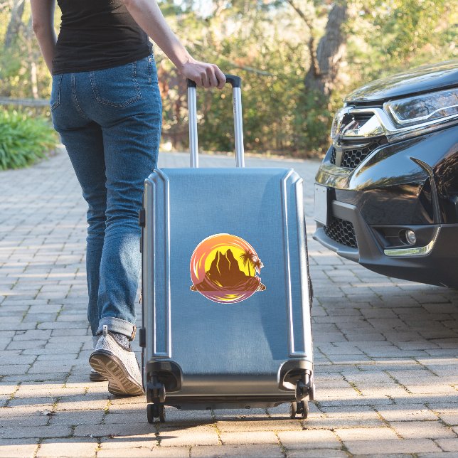 Badge with tropical volcano scenery and palm trees sticker (Suitcase Insitu)