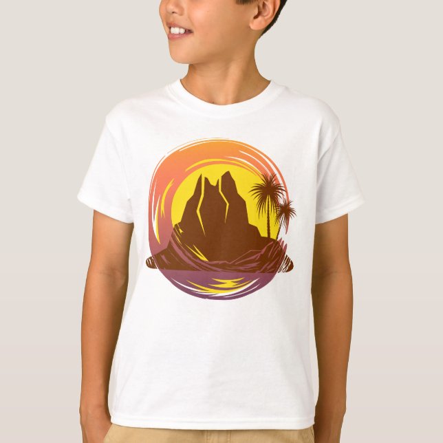 Badge with tropical volcano scenery and palm trees T-Shirt (Front)