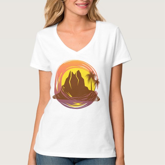 Badge with tropical volcano scenery and palm trees T-Shirt (Front)
