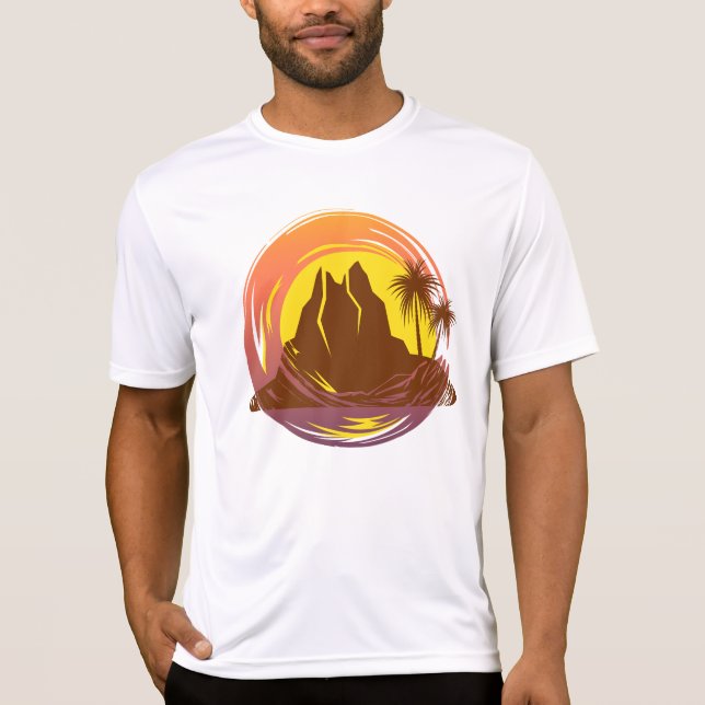 Badge with tropical volcano scenery and palm trees T-Shirt (Front)