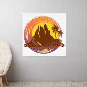 Badge with tropical volcano scenery and palm trees wall decal 