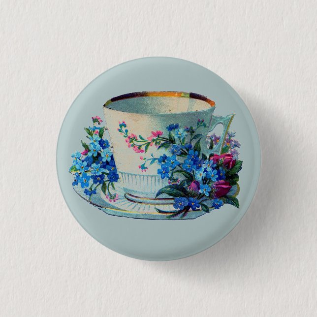 BADGE WITH VINTAGE TEACUP + FLOWERS BUTTON (Front)