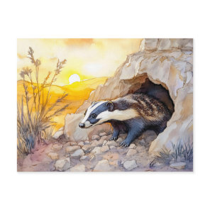 Badger emerging from a burrow at sunrise watercolo postcard