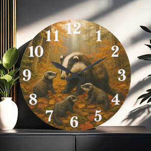Badger family in autumn woods large clock