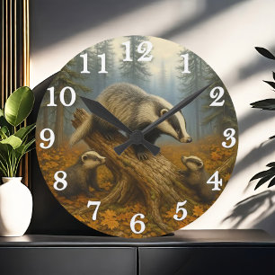 Badger family in misty woods round clock