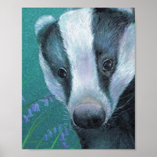 Badger in the bluebell woods art poster