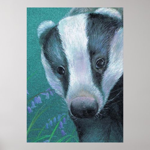 Badger in the bluebell woods art poster