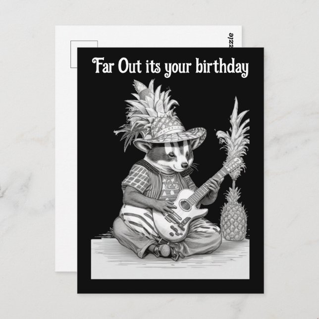 Badger playing guitar with pineapple birthday postcard (Front/Back)