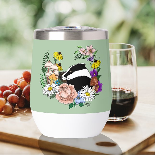 Badger wild Flowers Mushrooms Green Thermal Wine Tumbler (Creator Uploaded)