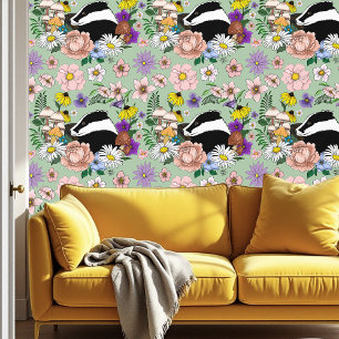 Badger Wild Flowers Mushrooms Green Wallpaper