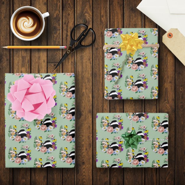 Badger Wild Flowers Mushrooms Green Wrapping Paper Sheets (Creator Uploaded)