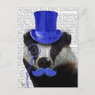 Badger with Blue Top Hat and Moustache Postcard