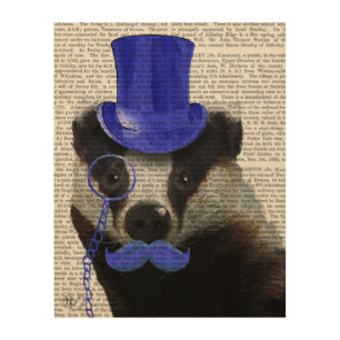 Badger with Blue Top Hat and Moustache Wood Wall Decor