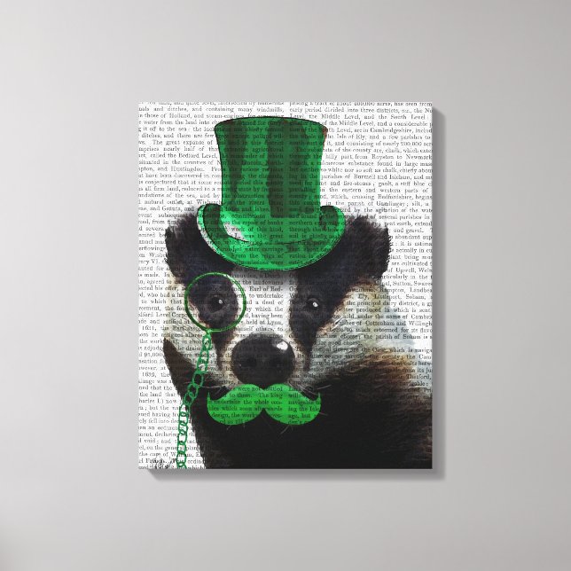 Badger with Green Top Hat and Moustache Canvas Print (Front)