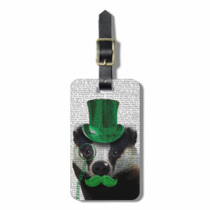 Badger with Green Top Hat and Moustache Luggage Tag