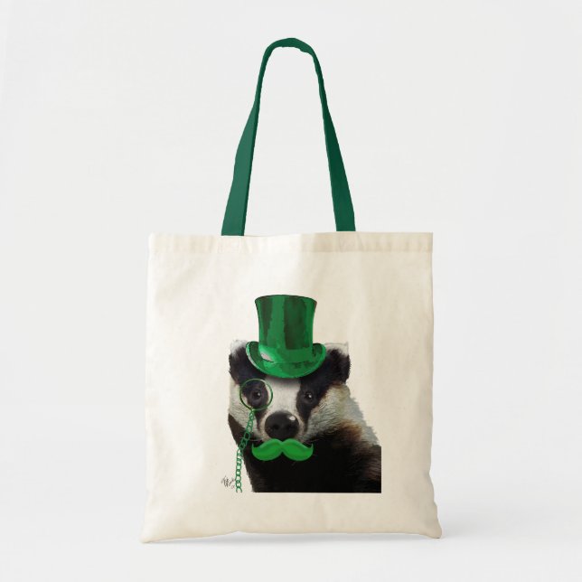 Badger with Green Top Hat and Moustache Tote Bag (Front)