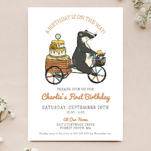 Badgers on Bike with Cake First Birthday Party Invitation