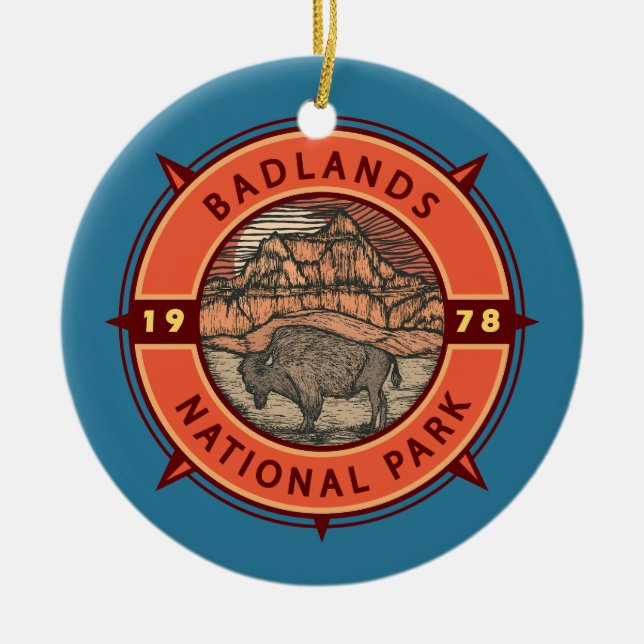 Badlands National Park Buffalo Retro Compass Ceramic Ornament (Front)