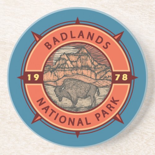 Badlands National Park Buffalo Retro Compass Coaster