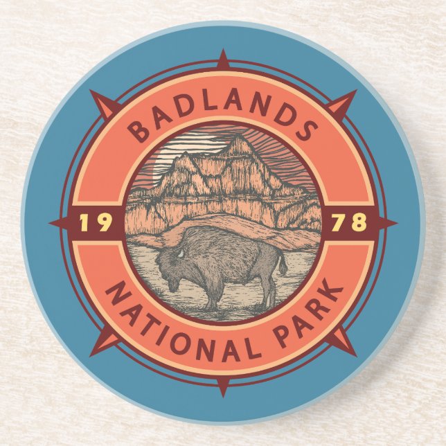 Badlands National Park Buffalo Retro Compass Coaster (Front)