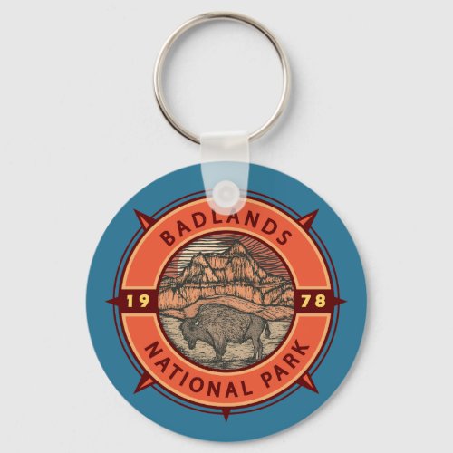 Badlands National Park Buffalo Retro Compass Keychain