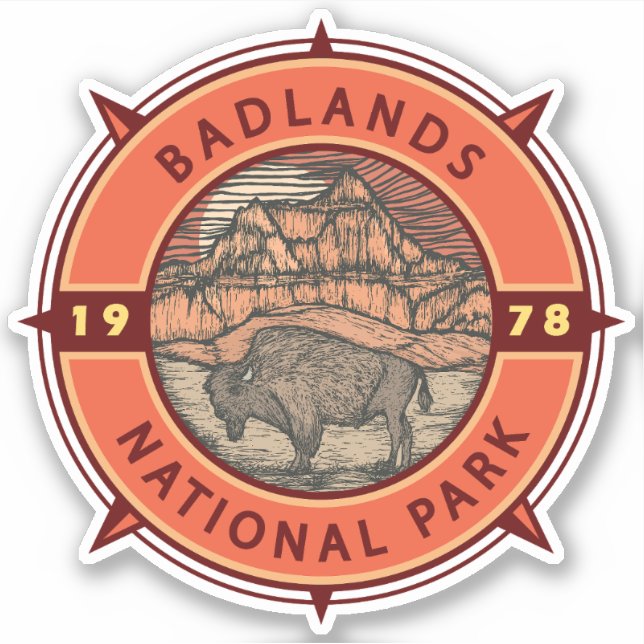Badlands National Park Buffalo Retro Compass Sticker (Front)