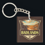 Badlands National Park Illustration Retro Keychain<br><div class="desc">Badlands vector artwork design. The park’s dramatic landscapes span layered rock formations,  steep canyons and towering spires. Bison,  bighorn sheep and prairie dogs inhabit its sprawling grasslands.</div>