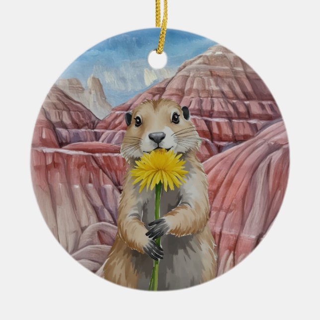 Badlands National Park Prairie Dog Watercolor Ceramic Ornament (Front)