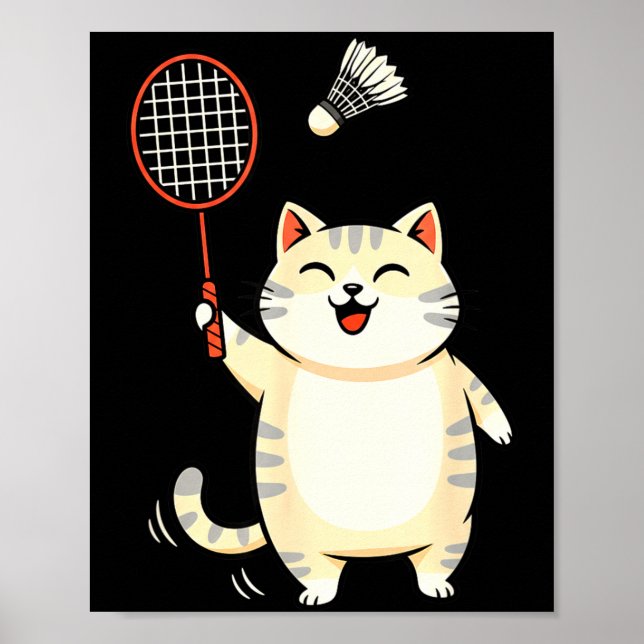 Badminton Cat Cartoon Art, Funny Cat Design For Ca Poster (Front)