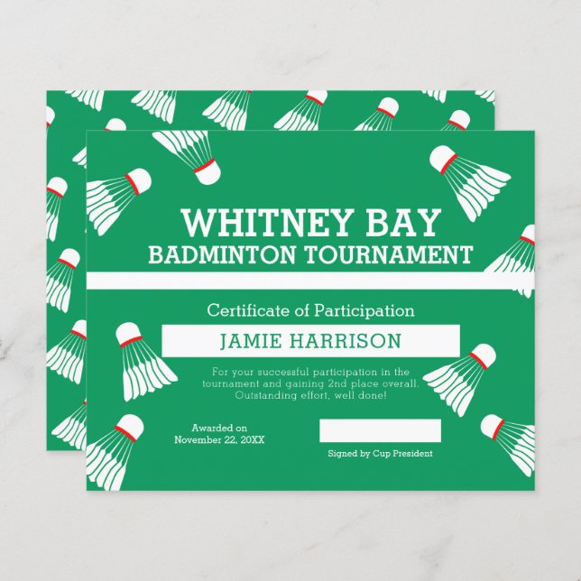 Badminton competition custom green white court  (Front/Back)