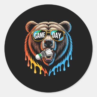 Badminton Game Day Bear Funny Badminton Lover Boys Classic Round Sticker