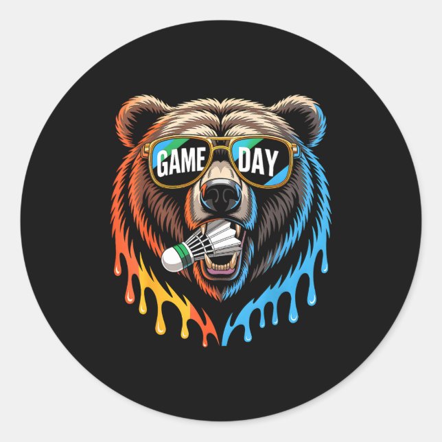 Badminton Game Day Bear Funny Badminton Lover Boys Classic Round Sticker (Front)