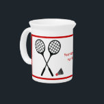 Badminton gifts, racquet and shuttlecock custom beverage pitcher<br><div class="desc">Badminton gifts,  racquet and shuttlecockbeverage pitcher featuring a minimalist black icon of two badminton racquets,  a shuttle and a red border around. This cool design is a template and it is completely customizable. The perfect gift ideas for the badminton player or lover.</div>