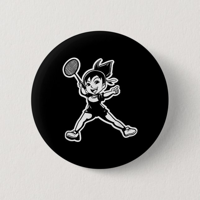 Badminton Girl Comic Shuttle Player  Button (Front)