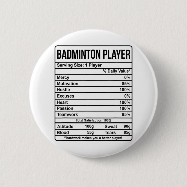 Badminton Player Information And Nutritional Facts Button (Front)