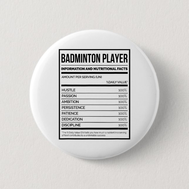 Badminton Player Information And Nutritional Facts Button (Front)