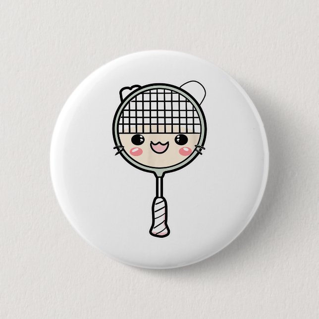 Badminton Racket Cartoon Face Shuttle Player  Button (Front)