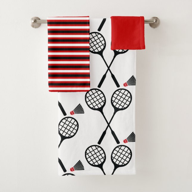 Badminton racquet & shuttlecock stripes black red bath towel set (Insitu)