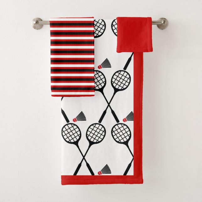 Badminton racquet & shuttlecock stripes black red bath towel set (Insitu)
