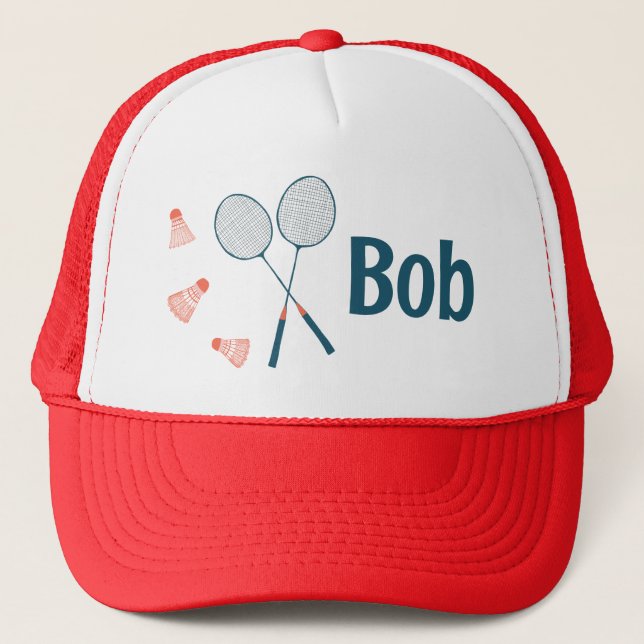 Badminton Racquets & Birdies Fun Cute CUSTOM NAME Trucker Hat (Front)