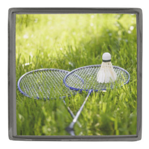 Badminton Set to Go Gunmetal Finish Lapel Pin