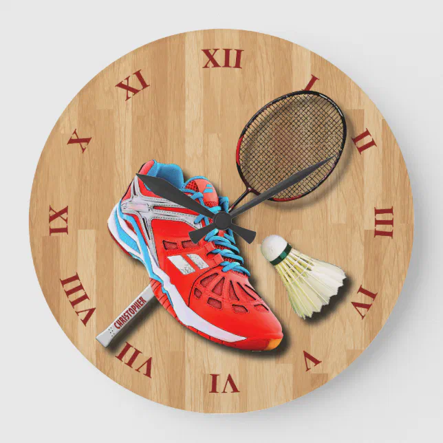 Badminton Shoe Racket Shuttlecock With Your Name Large Clock | Zazzle