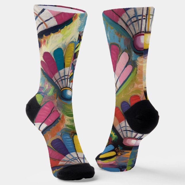 Badminton Shuttlecock colorful pattern Crew Socks (Angled)