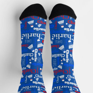 Badminton shuttles white blue red name socks