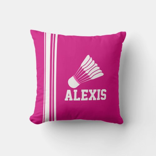 Badminton sports stripe white pink name pillow