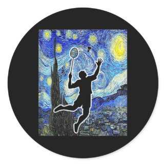 Badminton Starry Night Badminton Player Painting  Classic Round Sticker