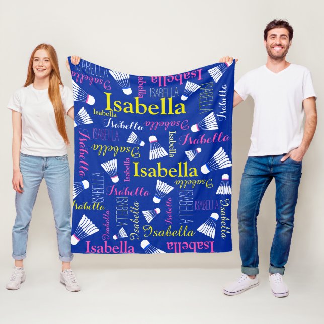 Badminton white, blue and pink girls name fleece blanket (In Situ)