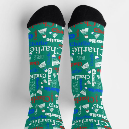 Badminton white blue red and green name  socks