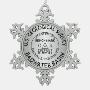 Badwater Basin Death Valley Bench Mark USGS Snowflake Pewter Christmas Ornament
