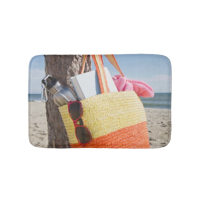 Bag Hanging On Tree Trunk At Sandy Beach Bath Mat (Front)